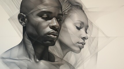 Abstract drawing of a black woman and black man, subtly colored, silverpoint  