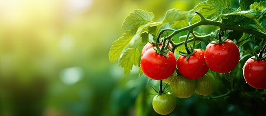 In the lush green garden, against a vibrant summer background, a healthy tomato plant thrived, showcasing the successful growth of a nutritious vegetable, reflecting the wholesome benefits of nature - obrazy, fototapety, plakaty