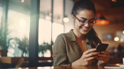 Fototapeta premium Smiling woman with glasses using smartphone in a cafe