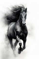 Gorgeous black horse galloping on white background