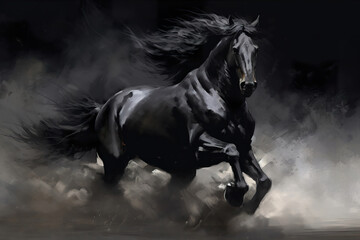 Obraz na płótnie Canvas Gorgeous black horse galloping in the clouds of dust on black background