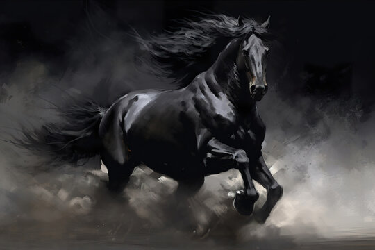 Gorgeous black horse galloping in the clouds of dust on black background