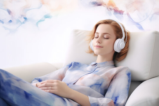 Young woman laying in armchair and listening music with a headphones, abstract fractal patterns on the background, soft light photorealistic illustration
