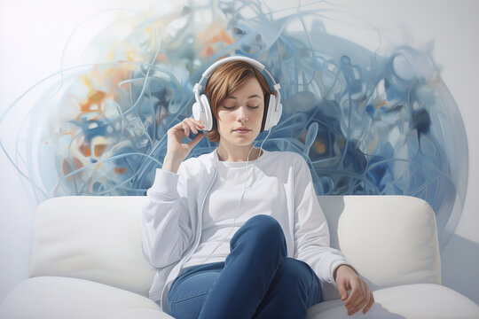 Young woman sitting on the sofa and listening music with a headphones, abstract fractal patterns on the background, creative ai