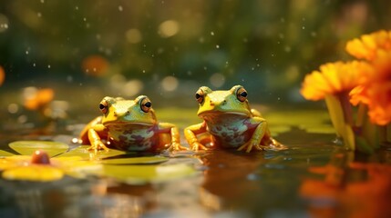 Frogs on water in the rain. Wildlife scene from nature.
