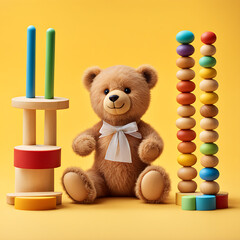 Educational kids toys collection. Teddy bear, wood rainbow, xylophone, wooden educational baby toys on yellow background. Front view 1