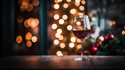 Glass of red vine on table with bokeh background in restaurant. Xmas eve. Generative AI