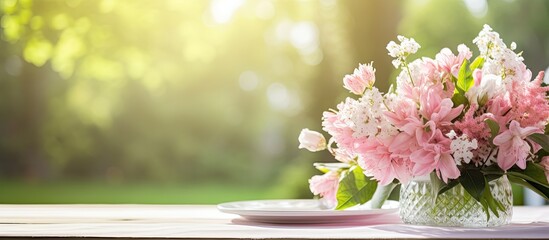 The beautiful pink floral arrangement on the table is a lovely gift that brightens up the spring celebration, perfectly blending with the natural green background and adding a touch of happiness to