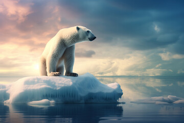 Obraz na płótnie Canvas White polar bear on the ice floe at sunset
