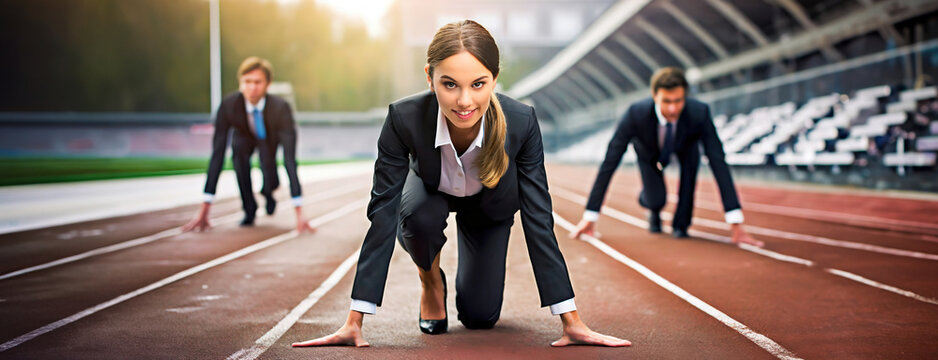 Young businesswoman on a treadmill at the stadium ready to start of competition. Office workers vie for promotion at work. Race for first place, leadership concept.