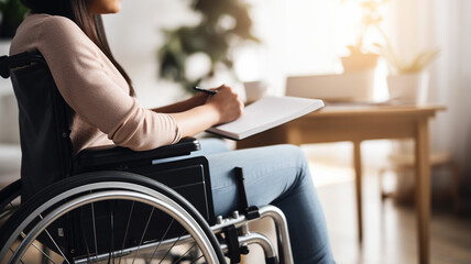 Obraz premium disabled man using laptop while sitting in wheelchair and working at home