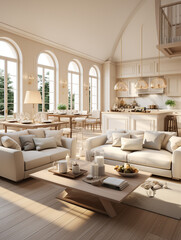 Futuristic apartment, interior design, French-inspired light style, with beige white as the main color tone. AI Generative - obrazy, fototapety, plakaty