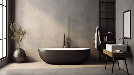 Skandinavian bathroom, 3d modern contemporary bathtub, lighting, minimalistic, generative AI