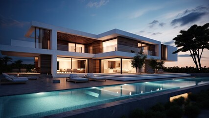 Fototapeta premium modern villa by evening with pool in spa, in the style of ray tracing, dark white and light brown, silhouette lighting, minimalism, generative AI