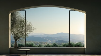 A arched window overlooking the mountain area, in the style of realistic landscapes with soft, tonal colors, italian landscapes, mediterranean, generative AI - obrazy, fototapety, plakaty