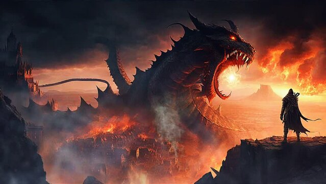 Dragon serpent monster attacks and destroys the city.