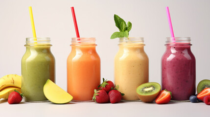 Collage of delicious fruit smoothie drink. decorative with mint leaves. water melom, banana, strawberry, coconut, mango, almonds