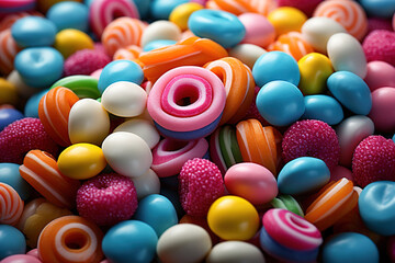 Fototapeta na wymiar A close up of a pile of candy. Candy flat colorful background.