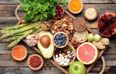 healthy food, fruits and vegetables, view from the top, old wooden table.