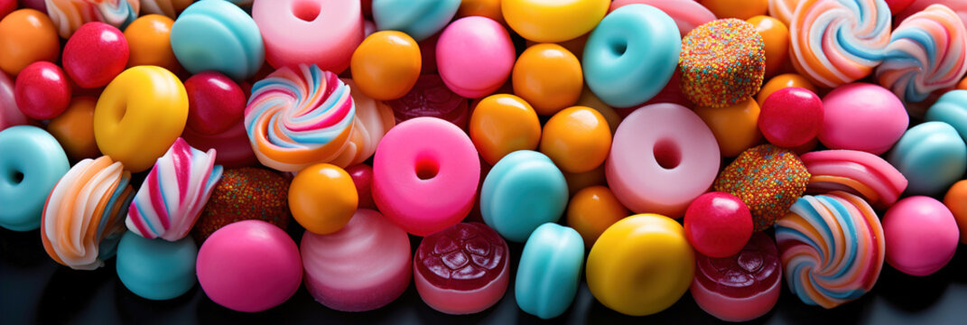 A close up of a pile of candy. Candy flat colorful background.