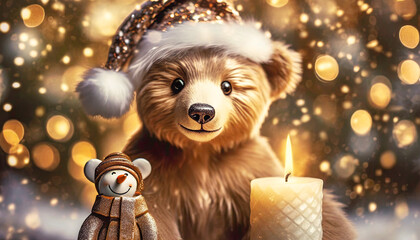 Bear wearing a santa hat and snowman and candle