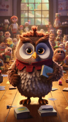 A studious owl professor amidst books and papers, in a classroom, illustrates a scene of classic academia and the timeless pursuit of knowledge.
