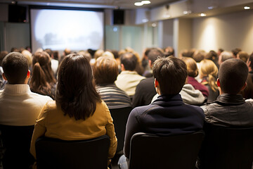 Rear view of the hall with people listening to a lecture or participating in a business seminar. The audience listens attentively to the lecture