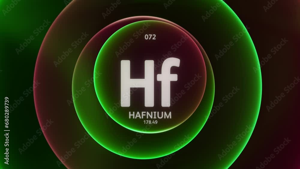 Poster hafnium as element 72 of the periodic table. concept animation on abstract green red gradient rings 