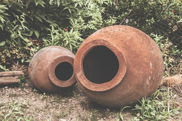 traditional Georgian ceramic jug for wine as decorated in Telavi's garden, Georgia (Sacartvelo) 2019
