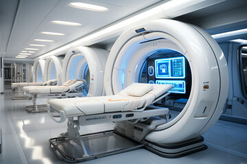 Capsule of immortality, modern medical technology, station equipped with treatment beds. Sci fi futuristic interior, various healthcare equipment and medicines. AI Generative - obrazy, fototapety, plakaty