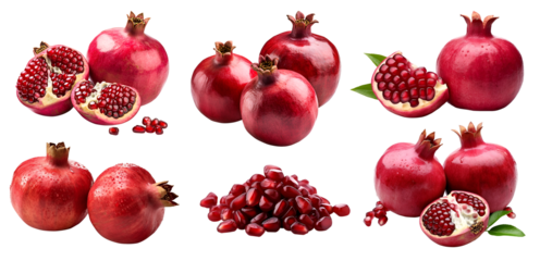 Red pomegranates pomegranate, many angles and view side top front sliced halved bunch cut isolated on transparent background cutout, PNG file. Mockup template for artwork graphic design