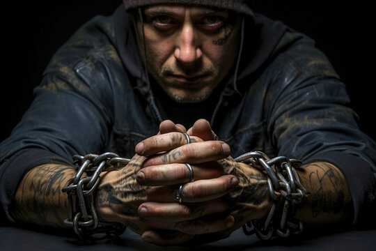 A man prisoner with chained Hands: The Symbol of Captivity and Restriction.