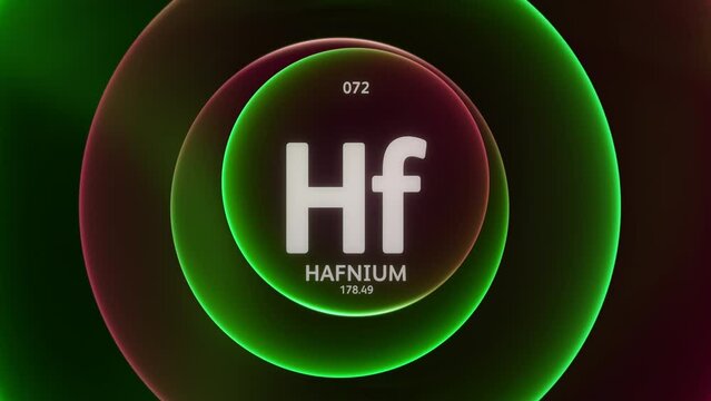 Hafnium as Element 72 of the Periodic Table. Concept animation on abstract green red gradient rings seamless loop background. Title design for science content and infographic showcase backdrop.