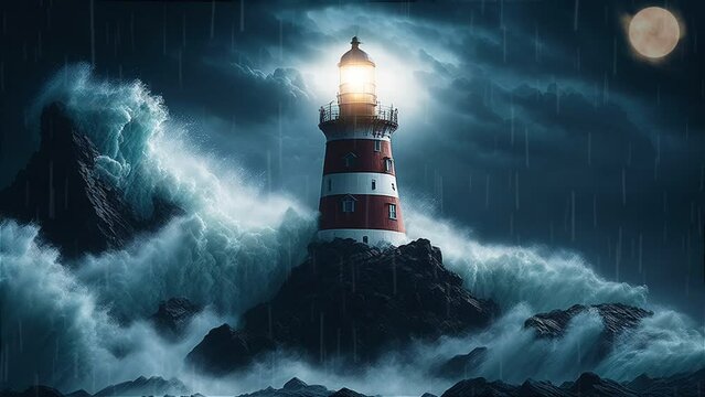 Lighthouse in the middle of a storm sea at night.