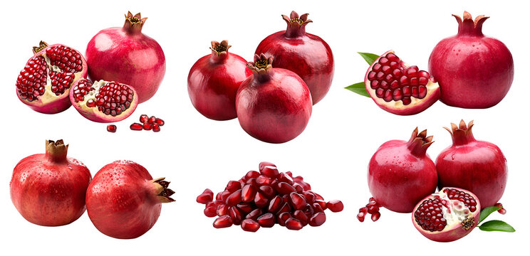 Red pomegranates pomegranate, many angles and view side top front sliced halved bunch cut isolated on transparent background cutout, PNG file. Mockup template for artwork graphic design