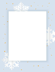 A white leaf on a blue background with snowflakes and sparkles. Vector template for postcards.