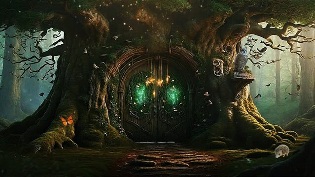 Magical fantasy door in a tree in the middle of the woods.
