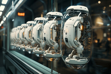 Capsule of immortality, modern medical technology, station equipped with treatment beds. Sci fi futuristic interior, various healthcare equipment and medicines. AI Generative