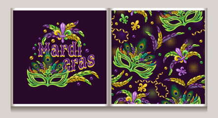 Carnival Mardi Gras pattern, label with fleur de lis symbol, feathers, carnival mask, scattered beads, text. For prints, clothing, t shirt, surface design. Vintage illustration. Not AI - obrazy, fototapety, plakaty