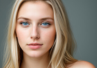 Fototapeta premium Close-up portrait of a blonde woman in a grey background