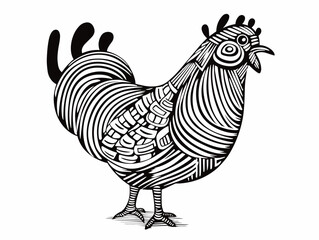 A Black And White Drawing Of A Chicken - Confused hen cartoon line art.
