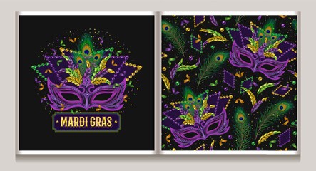 Carnival Mardi Gras label, pattern with masquerade mask, peacock feathers, confetti, scattered beads. Festive holiday design. Vintage illustration for prints, clothing, surface design. Not AI