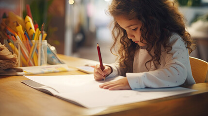 Baby girl drawing on a white paper with pencil and sitting in front of wooden table, side view - obrazy, fototapety, plakaty