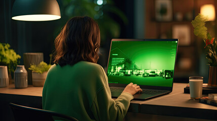 Woman working in front of computer with green screen, back view