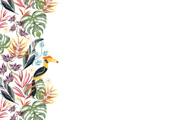 Tropical summer background banner border frame. Tropical jungle hornbill bird. Vector illustrations  © Wita Pixs