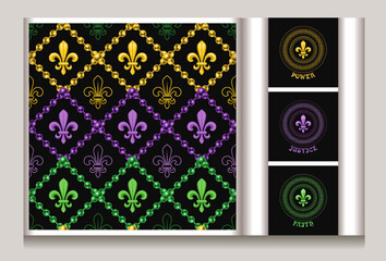 Geometric pattern, labels with fleur de lis symbol, beads. Diagonal square grid with beads. Circular carnival Mardi Gras traditionally colored pattern meaning Power, Faith, Justice. Halftone style.