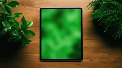 Tablet pc with green screen on a wooden table with green house plants, top view angle