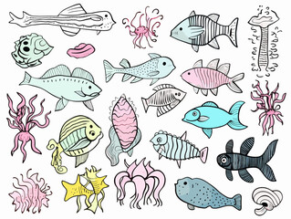 A Collection Of Different Fish - Funny cut baby sea creatures in pastel color.