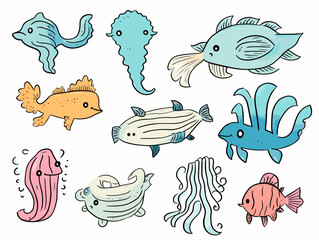 A Set Of Cartoon Fish - Funny cut baby sea creatures in pastel color.