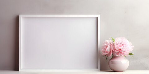 Fototapeta na wymiar Mock up empty frames on a shelf background with pink peonies in vase